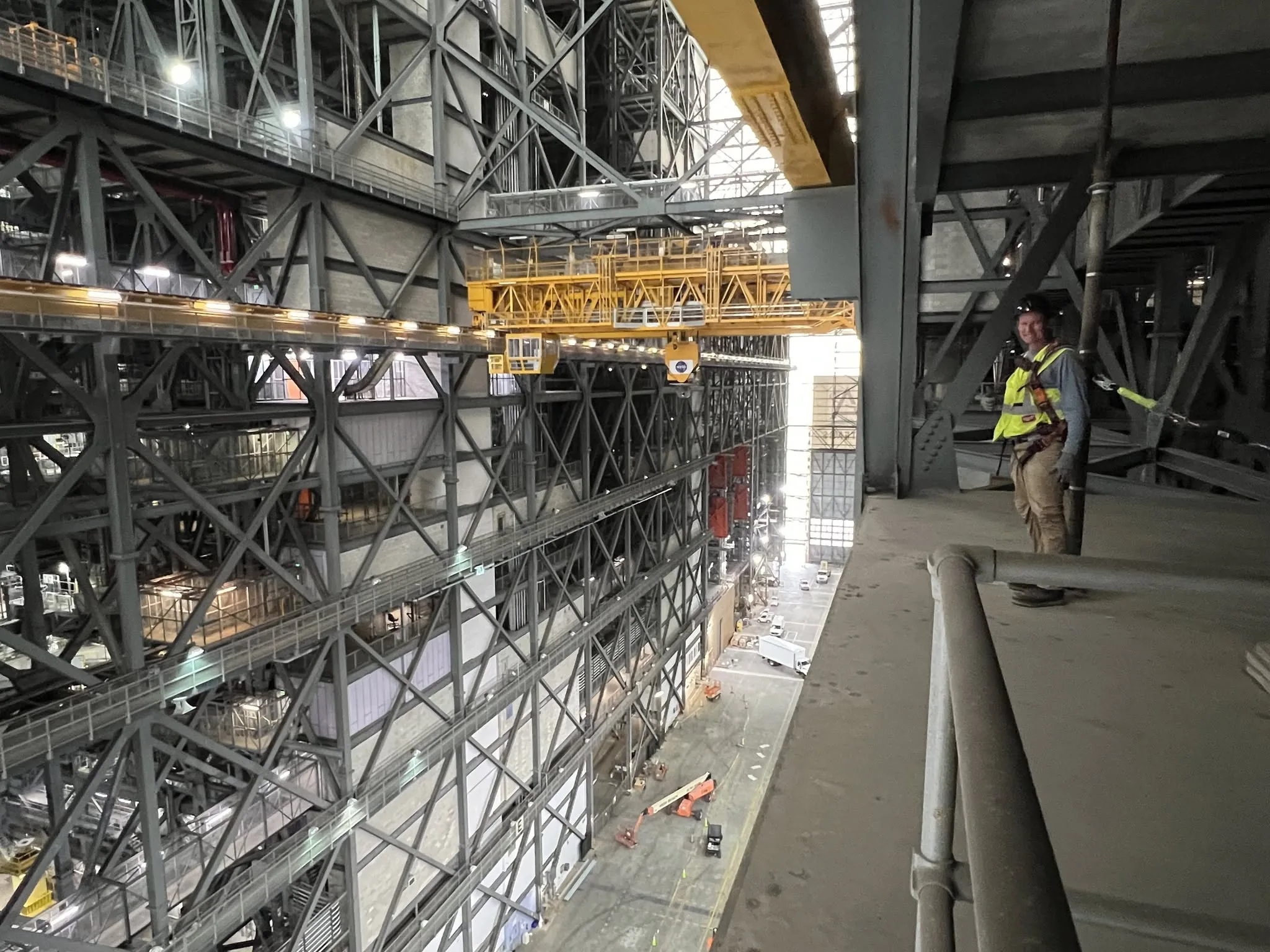Interior structural steel framing of a large commercial building.